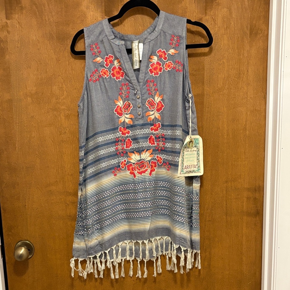 575. Aratta Blue Sleeveless Tunic with Red Floral Embroidery and Fringe